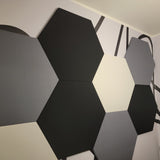 Hexagon Shaped Acoustic Wall Panels Installed. White, Onyx and Slate Colours.